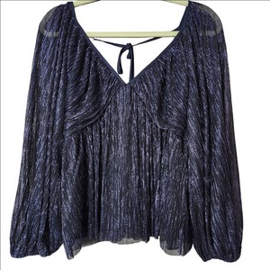 NEW Express Metallic V-Neck Balloon Sleeve Ruched Peplum Top navy blue Small